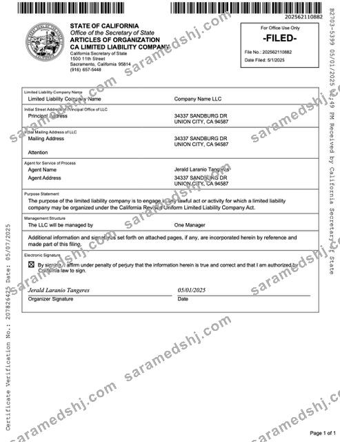 USA California articles of organization limited liability company Word and PDF template